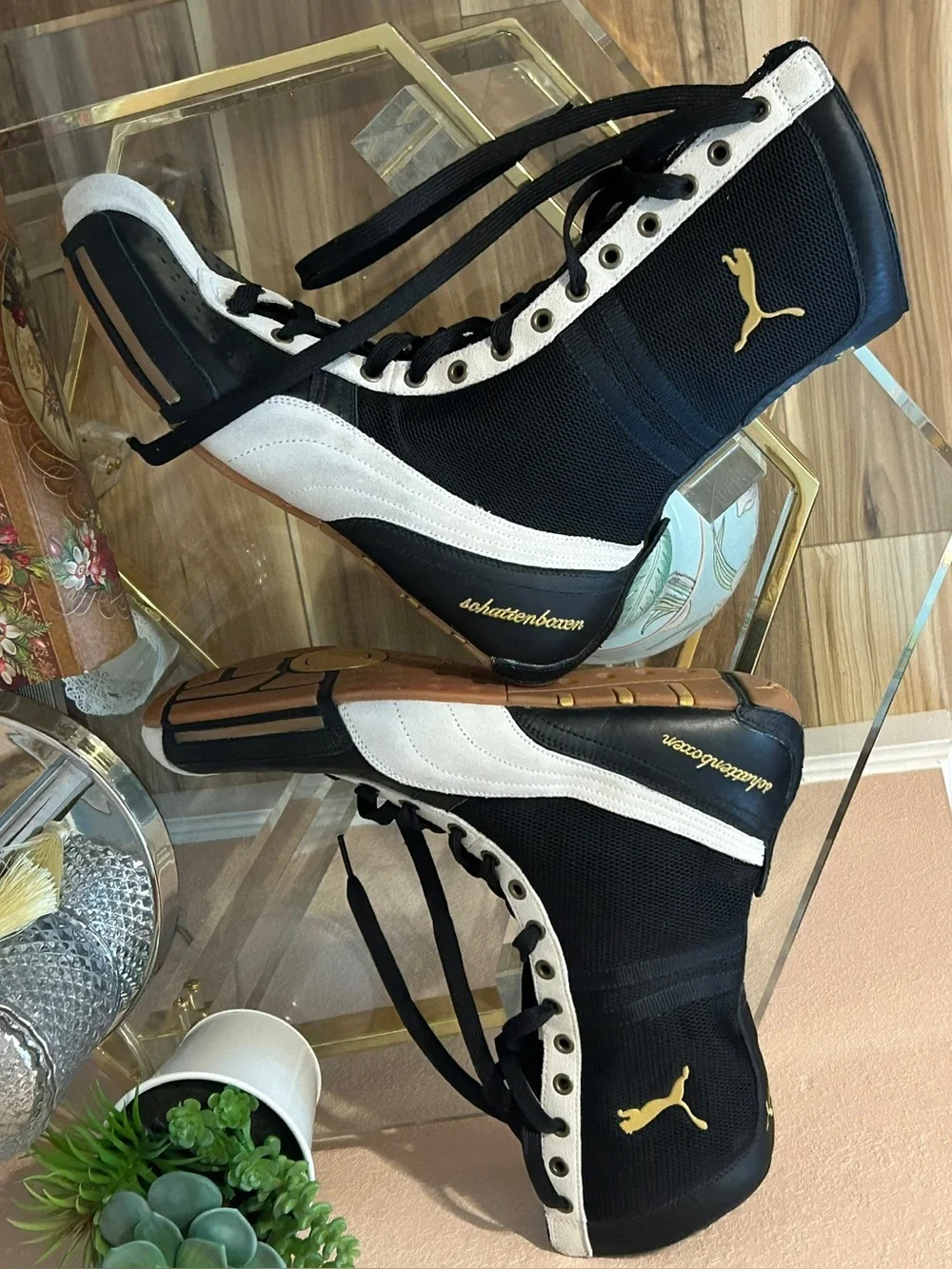 Vintage Puma Schattenboxen Boxing Boots Black and Cream High-Top Sneakers 11/12